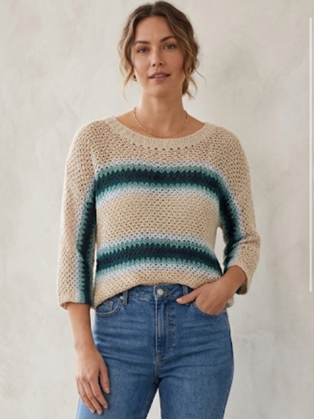 Striped Knit Sweater - Cream and Green